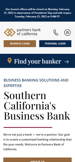 Partners Bank of California Homepage Responsive Web Design