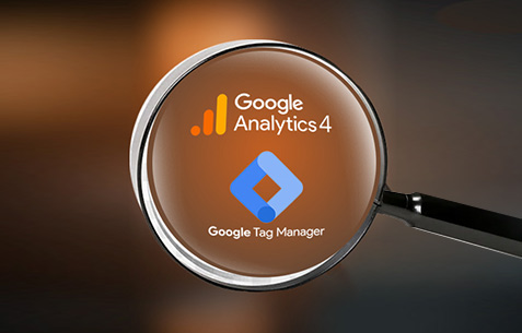 Google Analytics 4 and Google Tag Manager logos in a magnifying glass